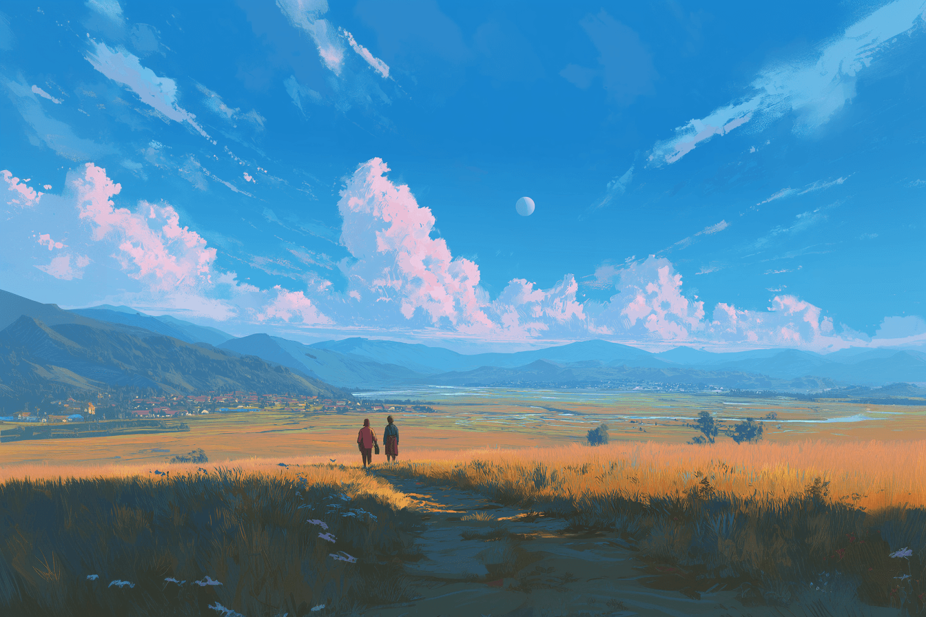 Two people walking together through a peaceful landscape